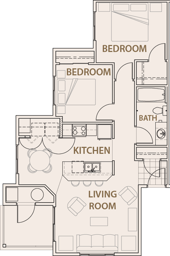 Floor plan for 2 beds, 1 bath, 866 sqft